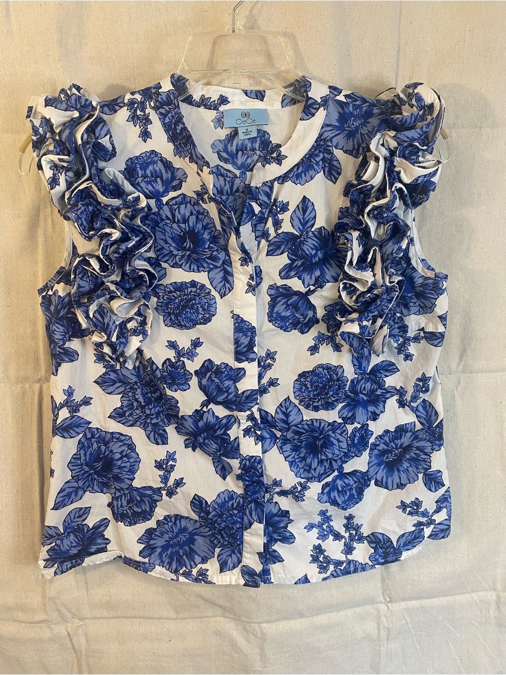 CeCe White Blouse with Blue Floral Ruffle Sleeves